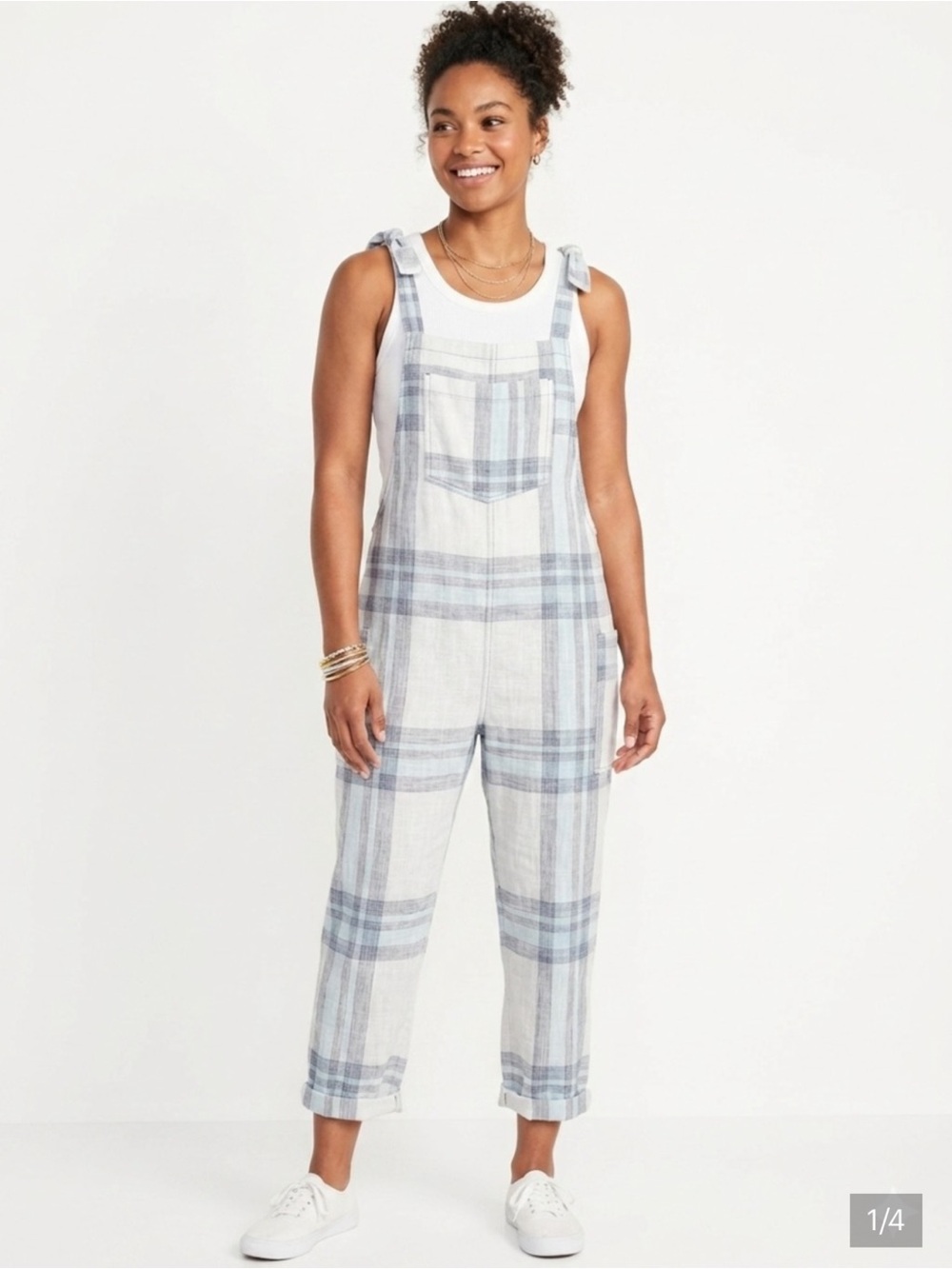 Aerie Blue & White Plaid Cotton Linen Feel Overalls - Picture 2 of 11